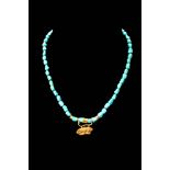 RARE EGYPTIAN TURQUOISE AND GOLD NECKLACE WITH A RABBIT PENDANT