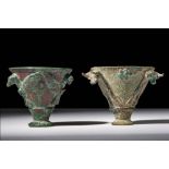 SUMERIAN COPPER DECORATED CUPS WITH ANIMAL PROTOMES