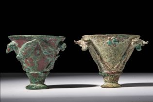 SUMERIAN COPPER DECORATED CUPS WITH ANIMAL PROTOMES