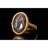 ROMAN SMOKY QUARTZ INTAGLIO DEPICTING MARS IN GOLD RING