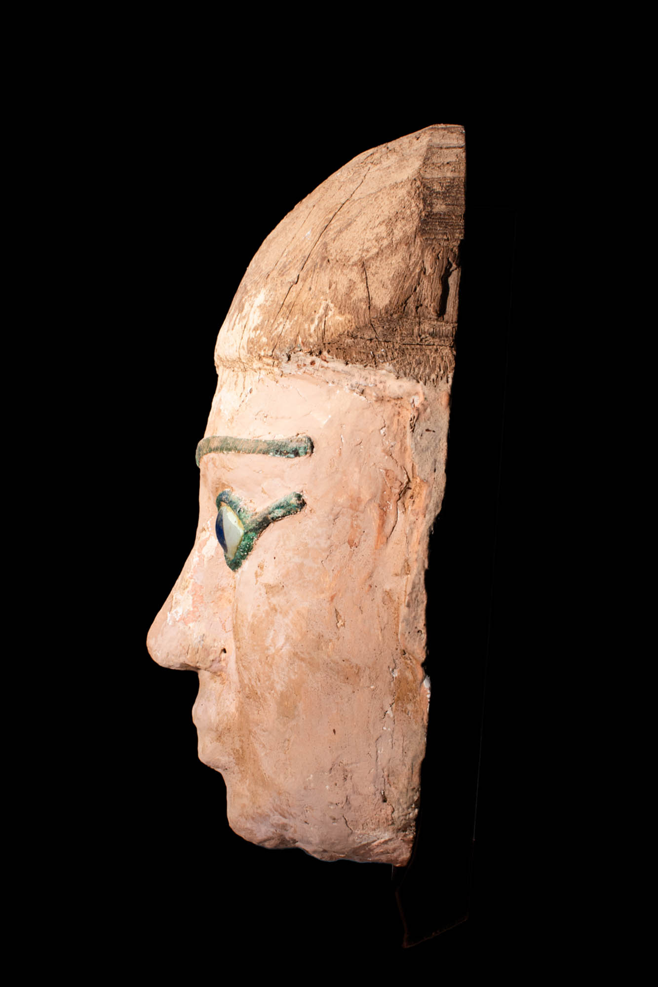 EGYPTIAN WOOD SARCOPHAGUS MASK WITH BRONZE EYES - Image 3 of 4