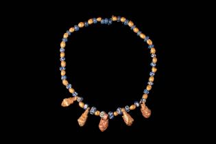 GRECO - PHOENICIAN NECKLACE WITH GLASS BEADS AND GOLDEN LION HEADS PENDANTS