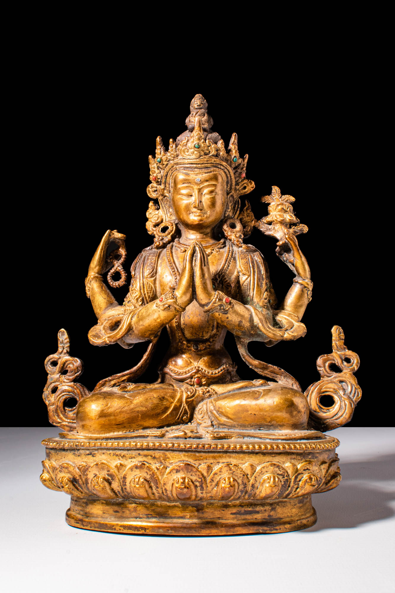 SINO-TIBETAN BEJEWELLED GILDED BRASS AVALOKITESHVARA