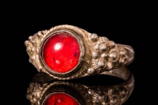 BYZANTINE SILVER RING WITH RED GLASS CABOCHON