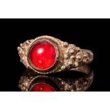 BYZANTINE SILVER RING WITH RED GLASS CABOCHON