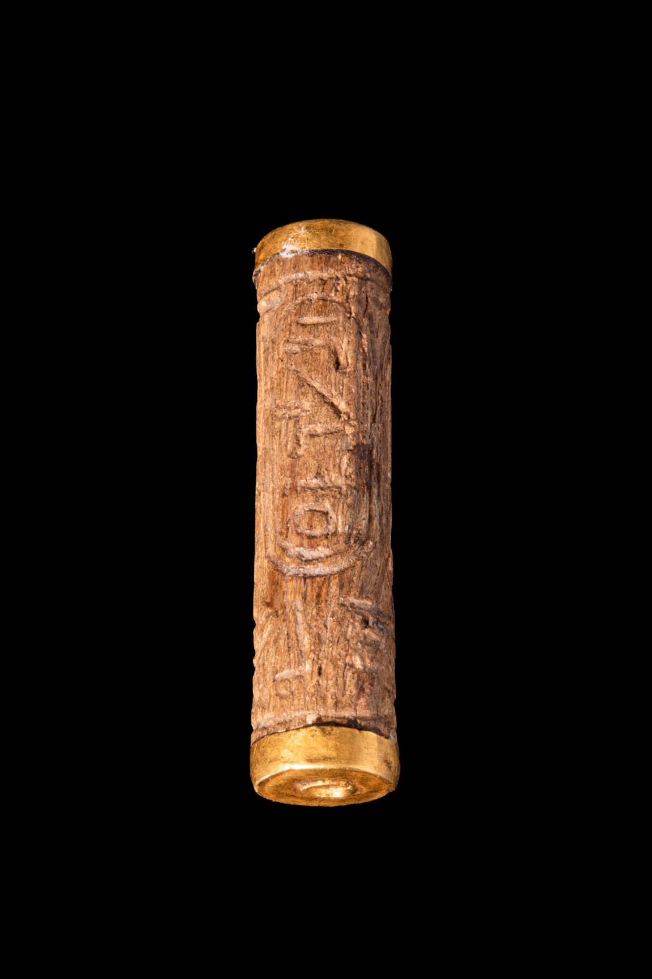 EGYPTIAN STEATITE CYLINDER SEAL WITH GOLD CAPS - Image 3 of 4
