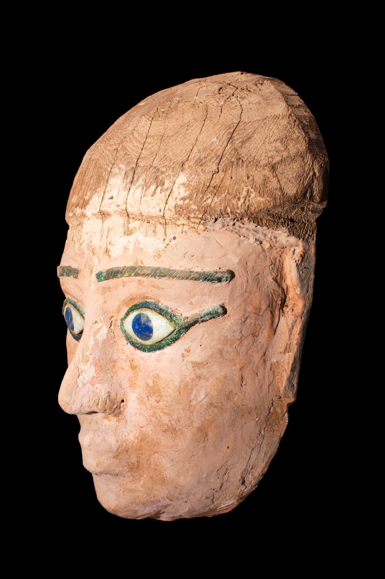 EGYPTIAN WOOD SARCOPHAGUS MASK WITH BRONZE EYES - Image 2 of 4