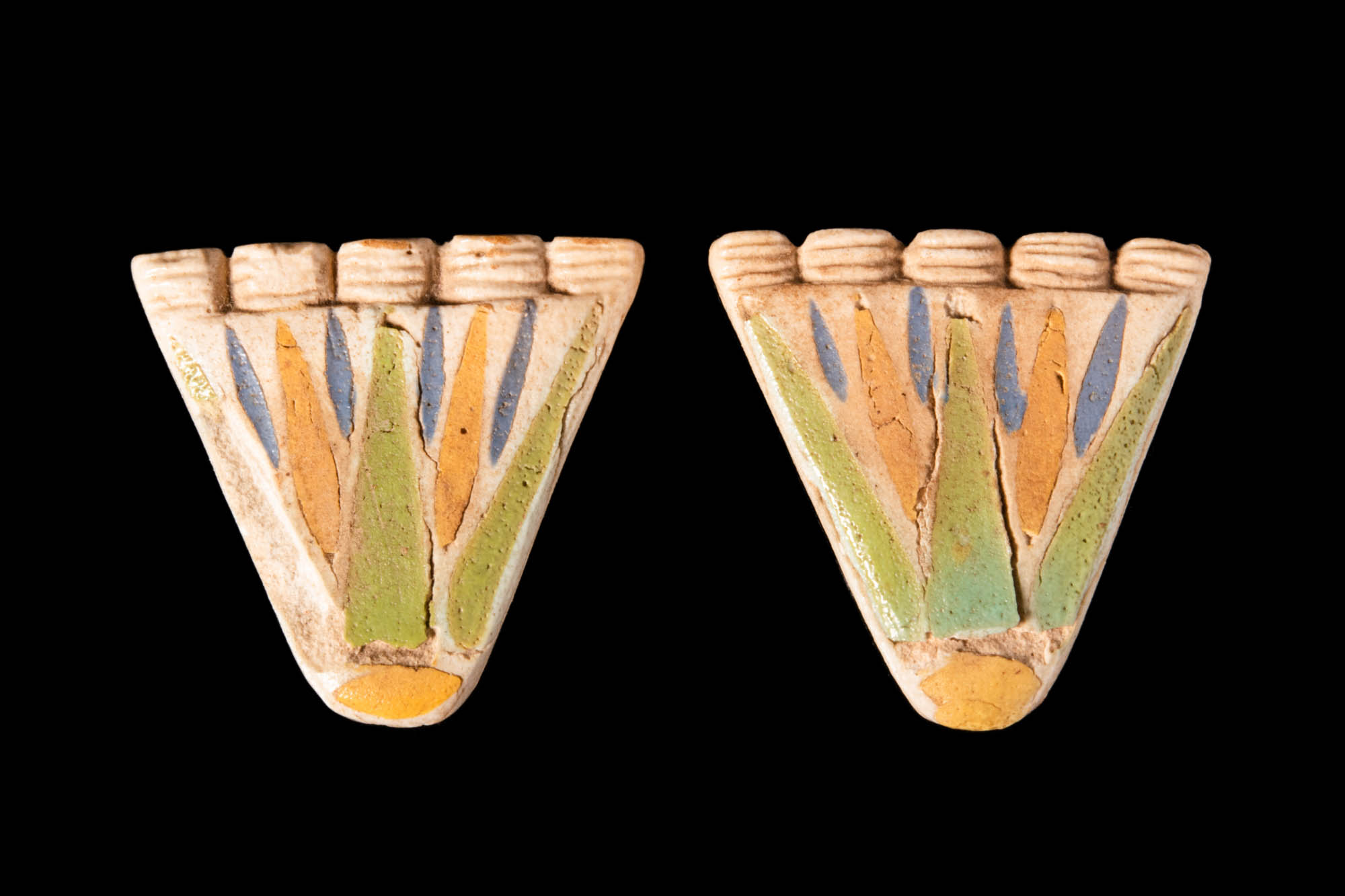 EGYPTIAN COLOURED FAIENCE LOTUS FLOWER TILES OF AMARNA PERIOD