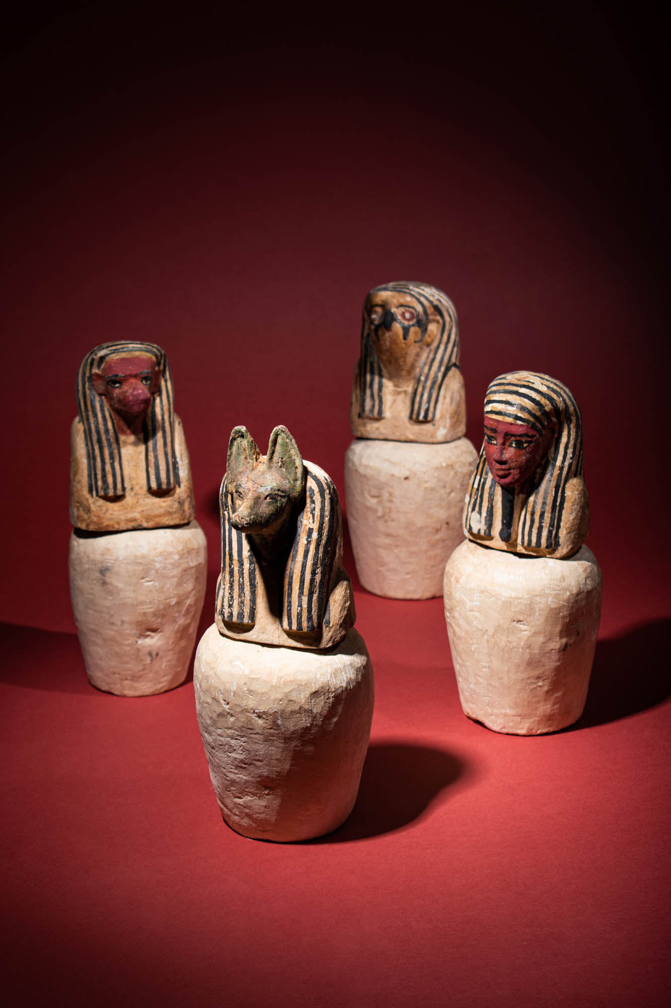 RARE EGYPTIAN STONE AND WOOD PSEUDO-CANOPIC JARS