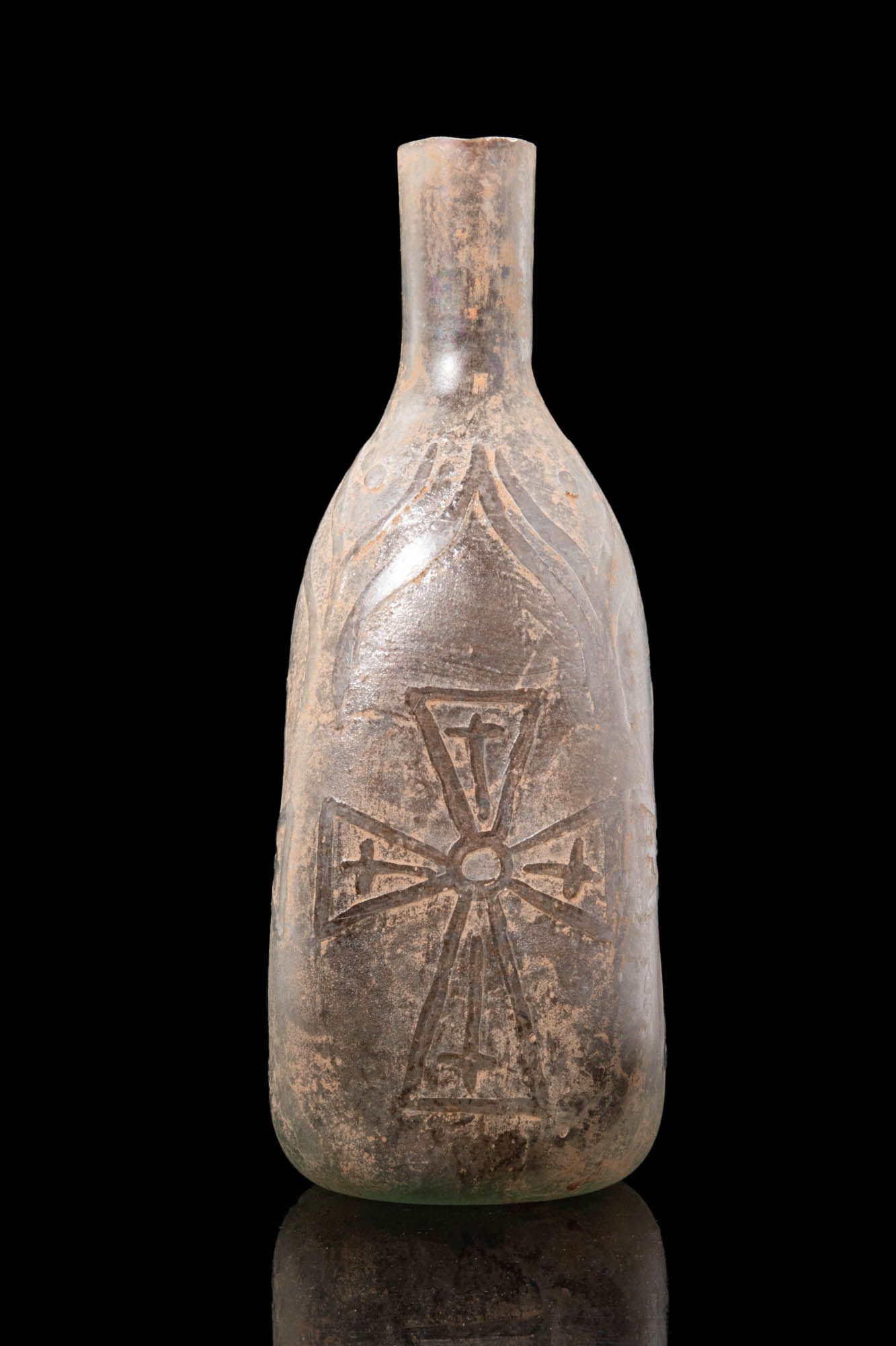 BYZANTINE GLASS BOTTLE WITH FOUR CROSSES