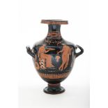 APULIAN RED-FIGURE HYDRIA WITH MAENAD AND DIONYSUS