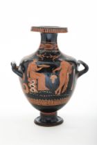 APULIAN RED-FIGURE HYDRIA WITH MAENAD AND DIONYSUS