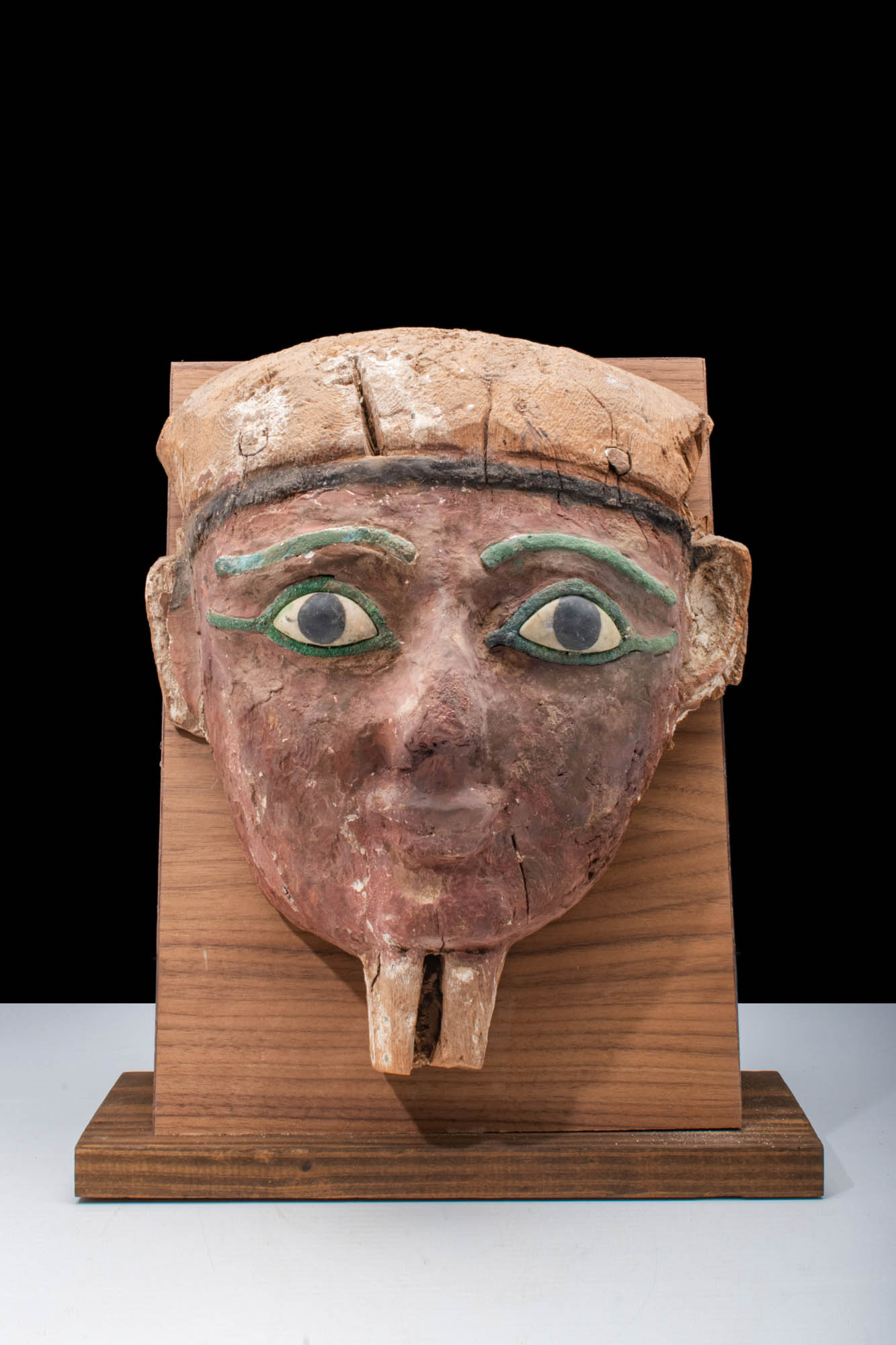 EGYPTIAN SARCOPHAGUS WOODEN MASK WITH INLAID EYES