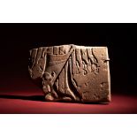 EGYPTIAN AMARNA PERIOD SANDSTONE RELIEF WITH A CROWNED PHARAOH