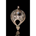 FATIMID CRESCENT MOON PENDANT WITH BLUE BEAD