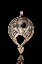 FATIMID CRESCENT MOON PENDANT WITH BLUE BEAD