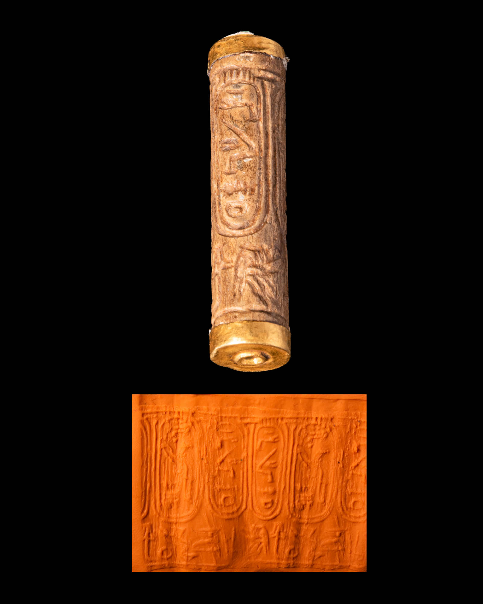EGYPTIAN STEATITE CYLINDER SEAL WITH GOLD CAPS