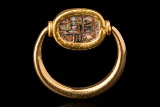 EGYPTIAN GREEN FAIENCE SCARAB IN GOLD RING