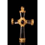 BYZANTINE ROCK CRYSTAL CROSS PENDANT DECORATED WITH A GARNET IN A GOLD FRAME