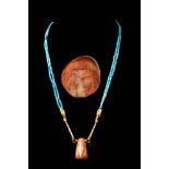 EGYPTIAN FAIENCE GOLD AND CARNELIAN NECKLACE