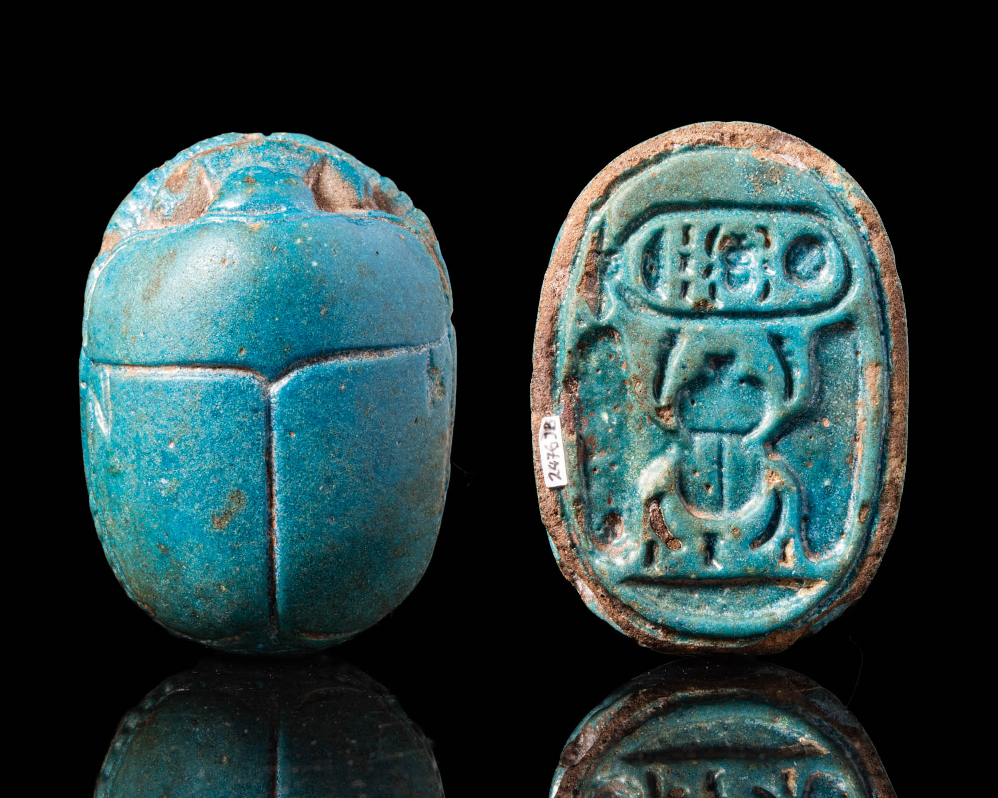 HUGE EGYPTIAN FAIENCE SCARAB WITH CARTOUCHE OF TUT - ANCH - AMON
