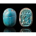 HUGE EGYPTIAN FAIENCE SCARAB WITH CARTOUCHE OF TUT - ANCH - AMON