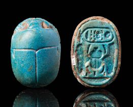 HUGE EGYPTIAN FAIENCE SCARAB WITH CARTOUCHE OF TUT - ANCH - AMON