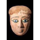 EGYPTIAN WOOD SARCOPHAGUS MASK WITH BRONZE EYES