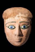 EGYPTIAN WOOD SARCOPHAGUS MASK WITH BRONZE EYES