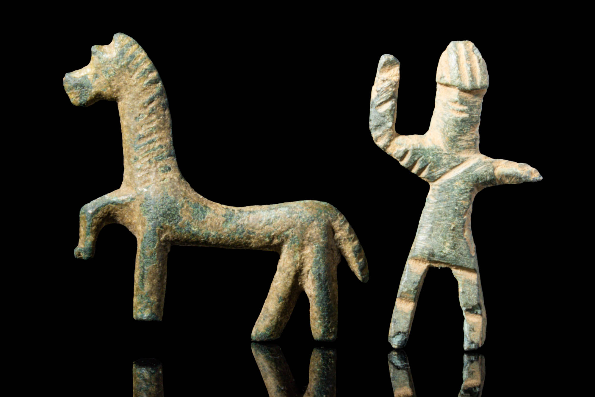 CELTIC BRONZE STATUETTES OF HORSE AND RIDER