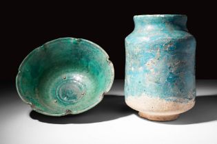 PAIR OF SELJUK GREEN GLAZED VESSELS