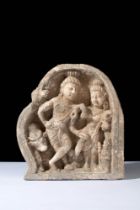 INDIAN STONE PANEL WITH SHIVA, PARVATI AND THE CALF BULL (UMA-MAHESHVARA)