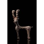 LARGE WESTERN ASIATIC BRONZE IBEX FIGURINE WITH INLAID EYES