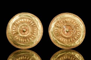 RARE HELLENISTIC PAIR OF GOLD ROUNDEL BROOCHES