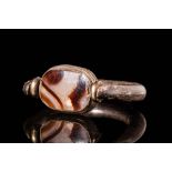 EGYPTIAN SILVER FINGER RING WITH AGATE BEZEL