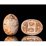 EGYPTIAN STEATITE SCARAB WITH HYKSOS PANEL