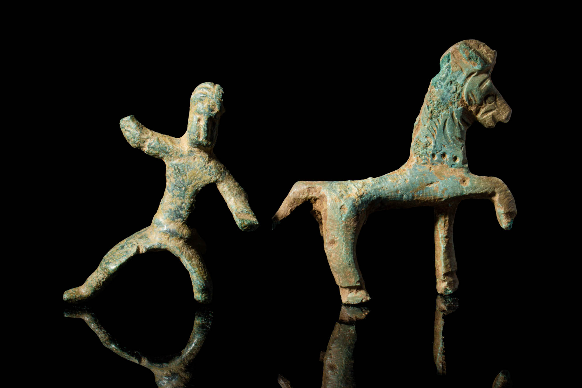 CELTIC BRONZE STATUETTES OF HORSE AND RIDER