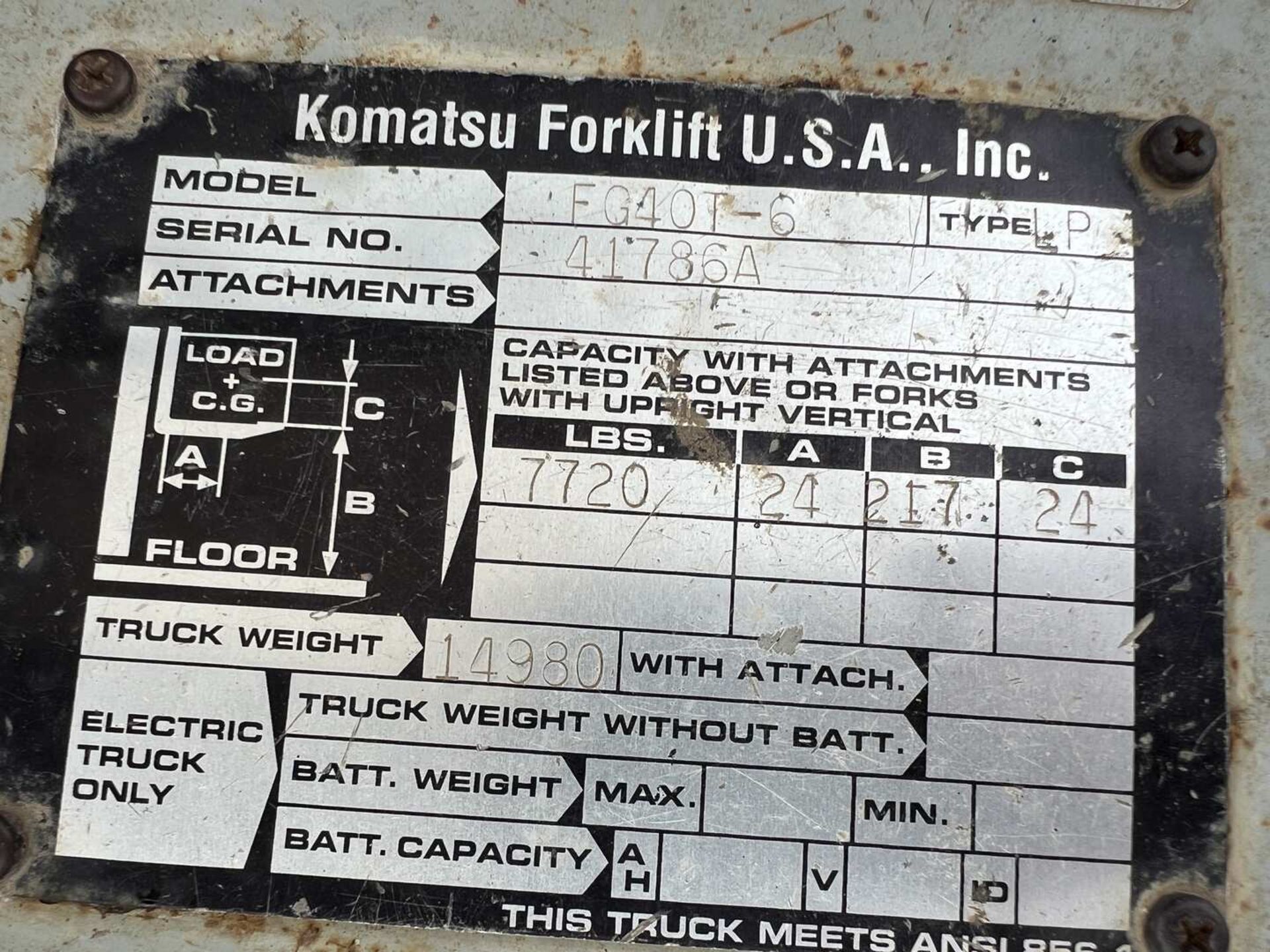 KOMATSU MODEL FG40T-6 LPG FORKLIFT - Image 8 of 21