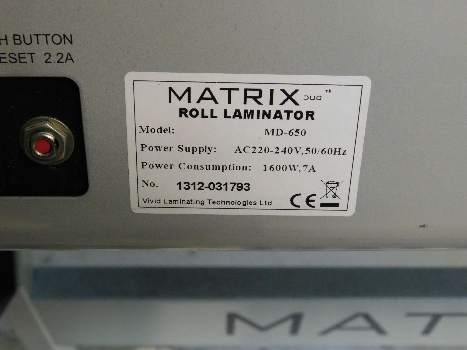 Matrix Duo MD-650 Roll Laminator, Serial Number 1312-031793 (Location: Tonbridge, Kent. Please Refer - Image 3 of 3