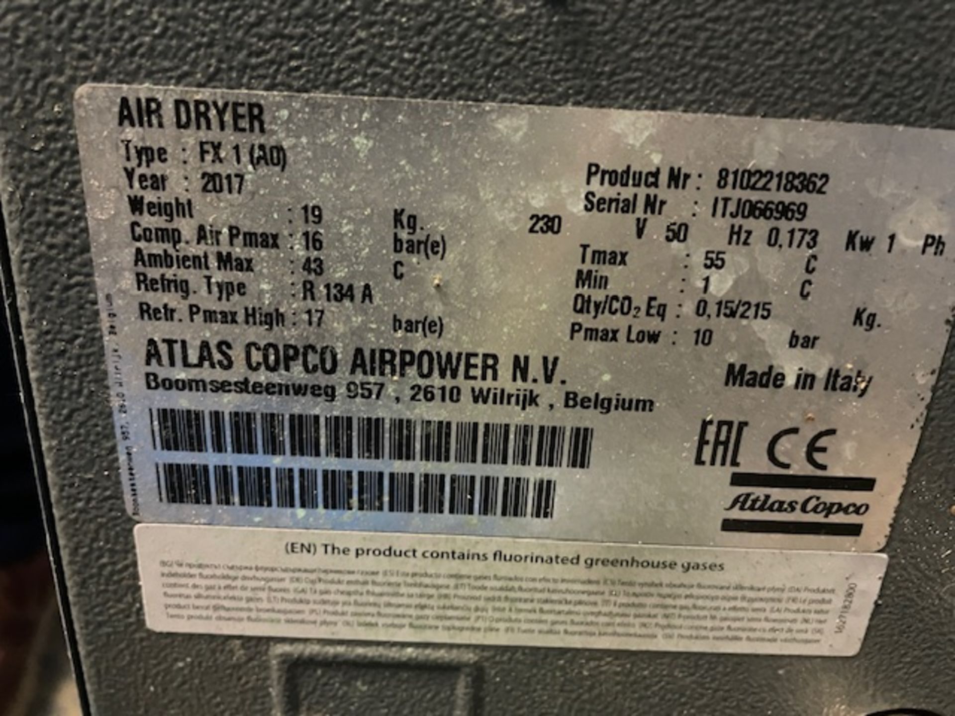 Atlas Copco FX1 Air Dryer (2017), Serial Number ITJ066969 - Image 2 of 2