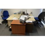 Contents of Office Including 6 Beech Effect Desks/Tables, 5 Various Chairs, Heater, Two Shelf