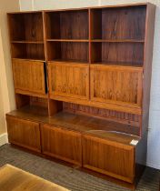 Rosewood effect Triple Section Lounge Unit,  fitted 6 cupboards, c1980’s, 1830mm x 1880mm (Location: