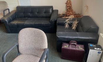 6 Operators Chairs, Black Leather Sofa & Matching Armchair (Location: Salford. Refer General Notes)