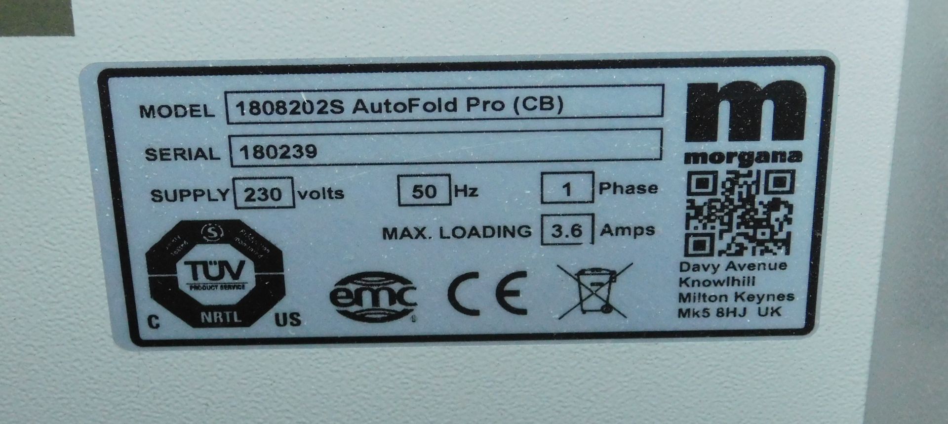 Morgana AutoFold Pro Model 1808202s Folder, Serial Number 180239, Single Phase (Location: Tonbridge, - Image 4 of 4