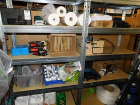 Contents of 8 Shelves to Include Hand Sanitizer, Cleaning Products, Banding Tape, Drill &