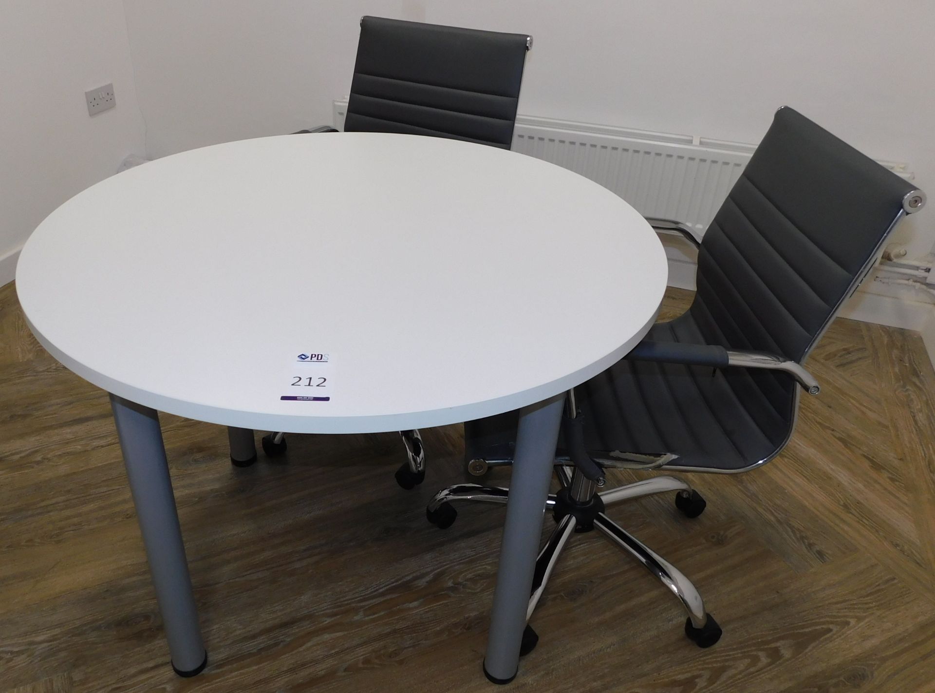 Circular Meeting Table, 1,000mm Diameter & 2 Grey, Leather Effect Chairs (Location: Altrincham.