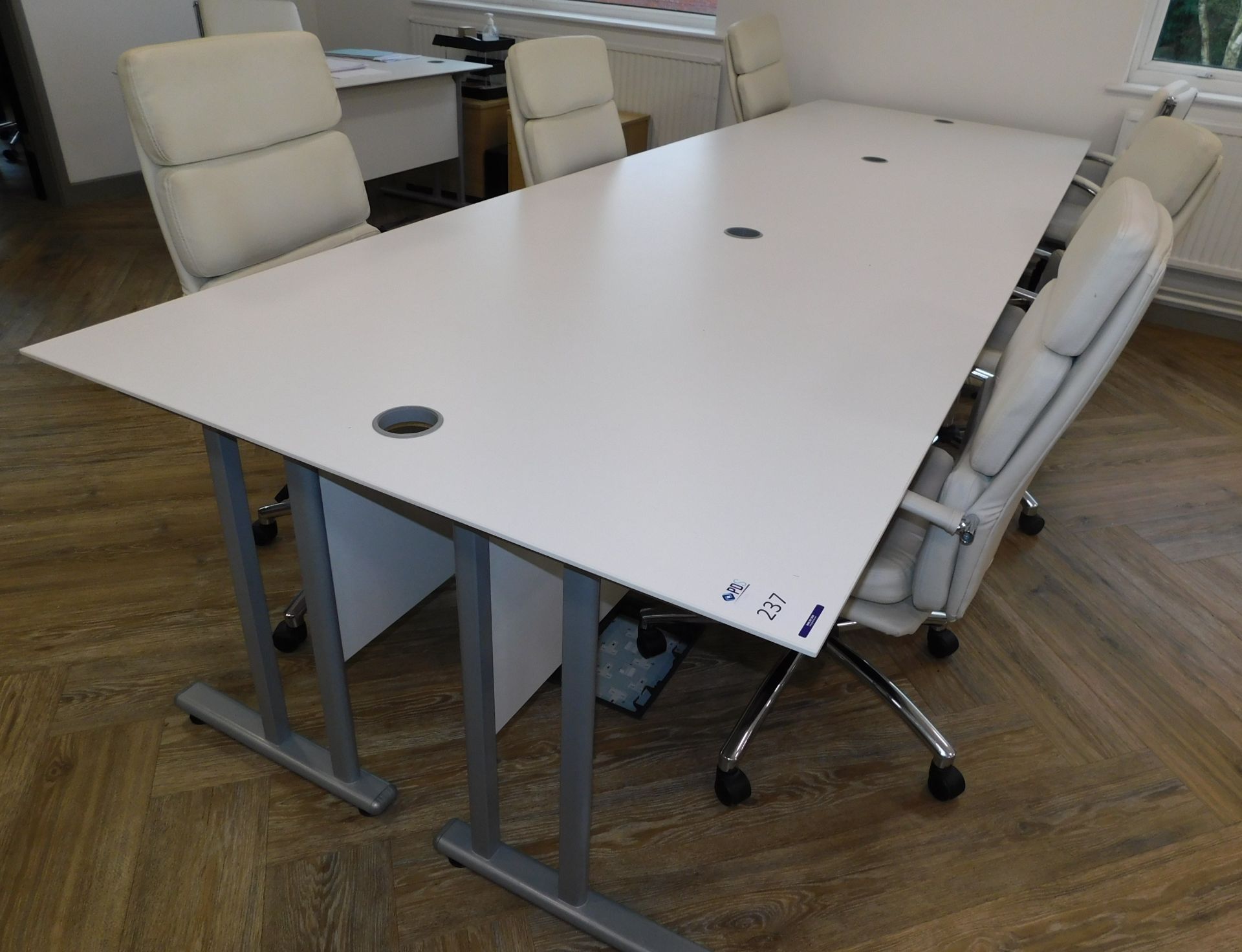 White Laminate, 6 Person Desk, 3,600mm X 1,200mm with 6 White Leather Effect Operators Chairs & 2