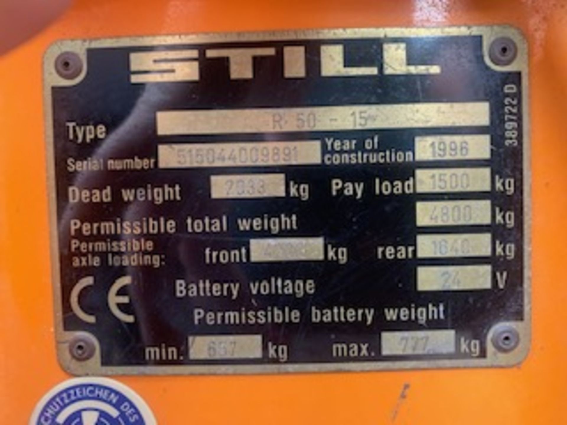 Still R50-15 Electric Forklift Truck (1996), Serial Number; 515044009891, Capacity 1,500kg, - Image 5 of 7