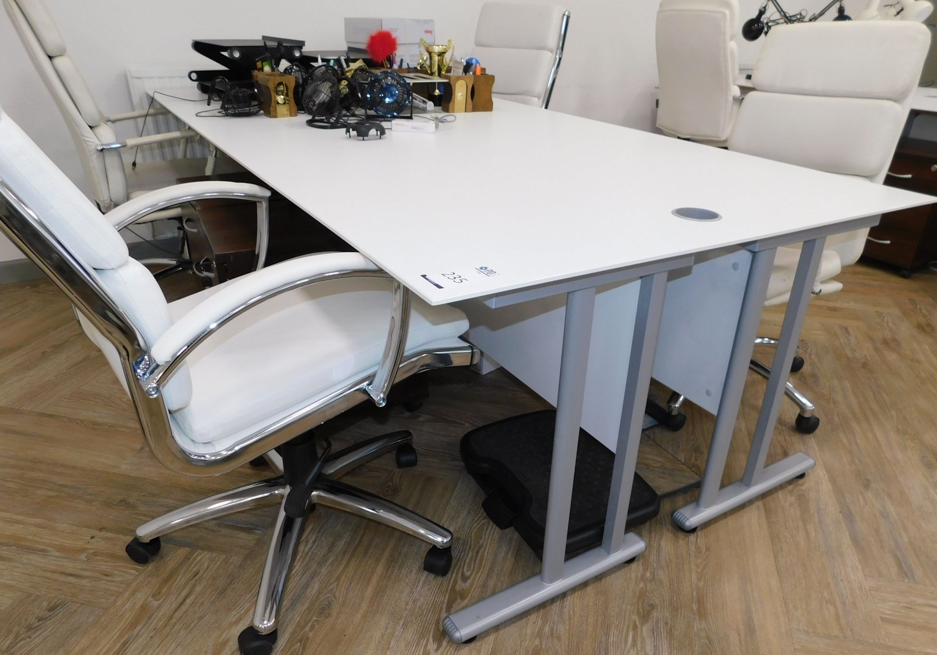 White Laminate, 4 Person Desk, 2,450mm X 1,200mm with 4 White Leather Effect Operators Chairs & 4