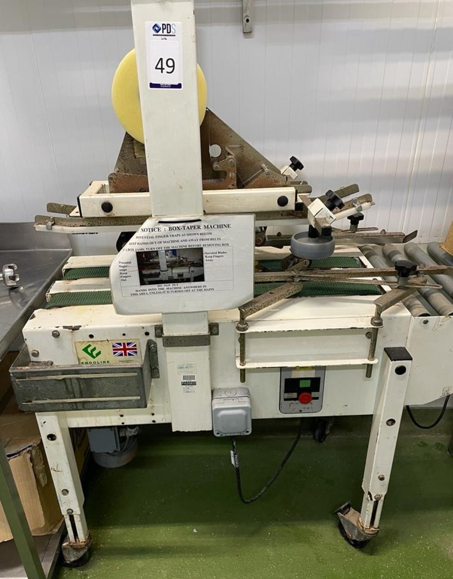 Endoline Box Taping Machine, 240v with Stainless Steel Take-off Stand (Location: NW London. Please